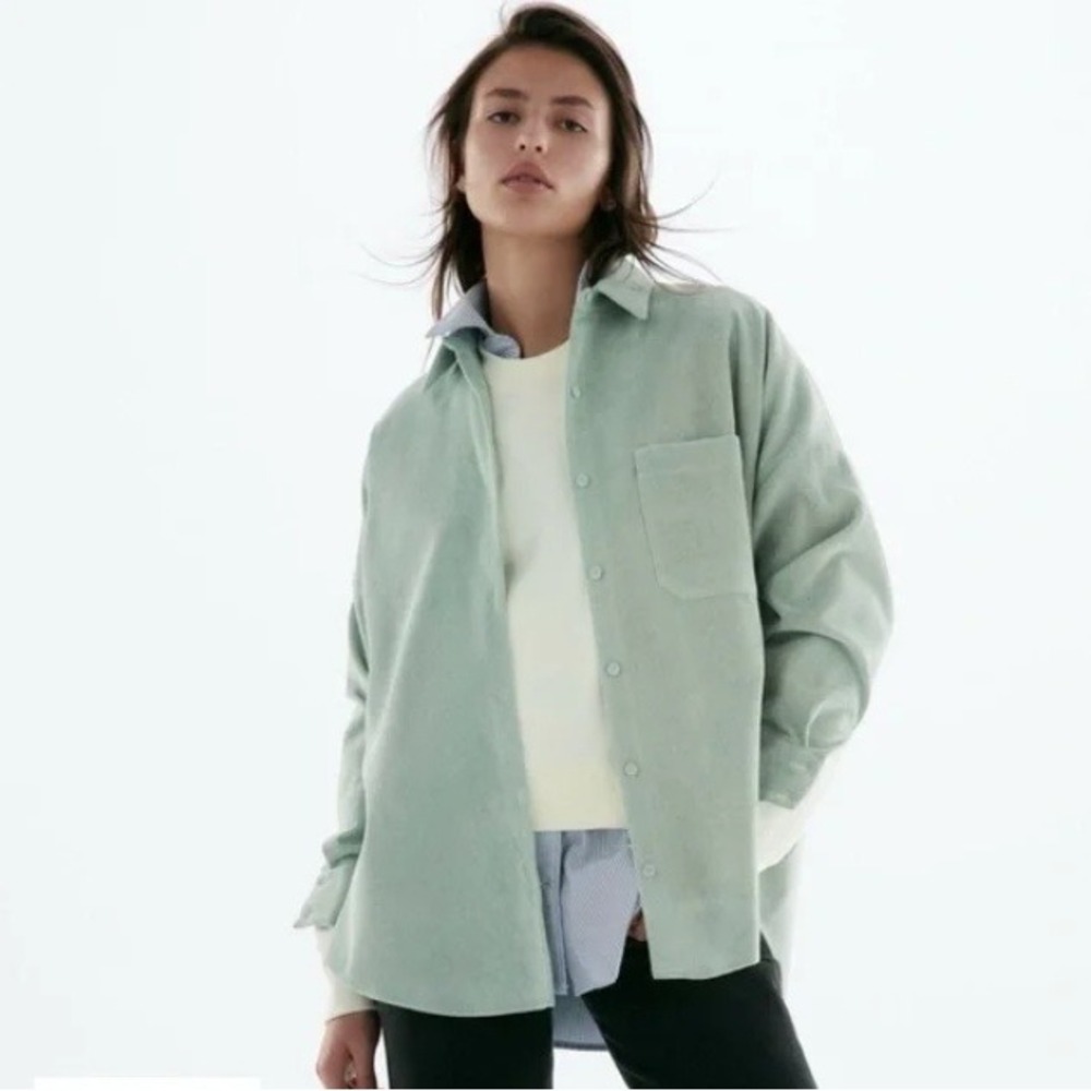 ZARA Fine Wales Corduroy Over Shirt Button Down Shacket Sea Green XS